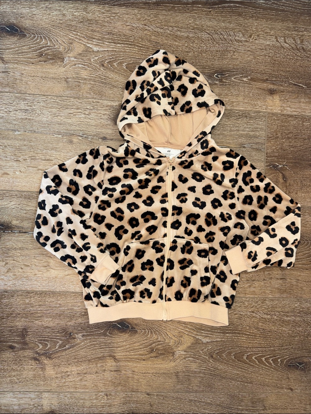 Leopard Print Fleece Hoodie - Beige & Black